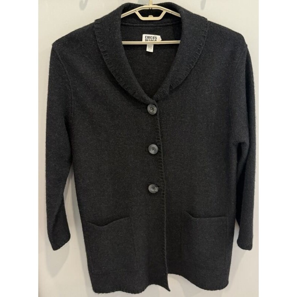 Chicos Design Wool Duster Cardigan Charcoal Black Long Whipstitch Button 3 XL
